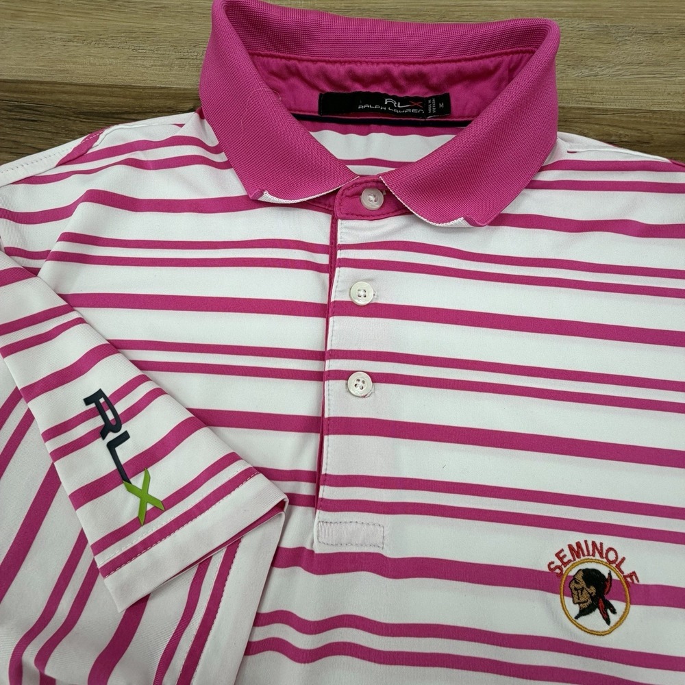 RLX Ralph Lauren Polo Shirt Mens Size Medium Pink Striped Short Sleeve Golf
